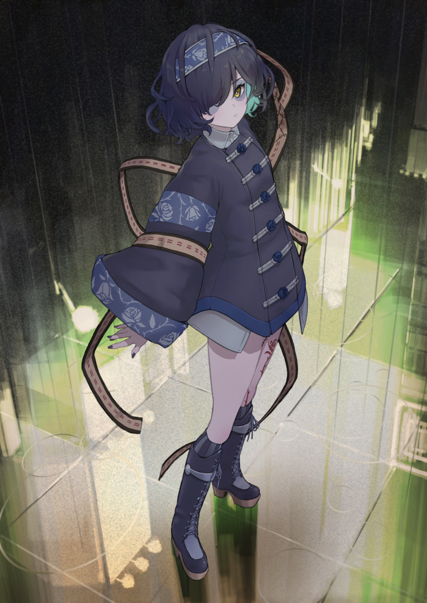 1girl bags_under_eyes black_footwear black_hair black_jacket black_nails blue_flower blue_hairband blue_rose boots closed_mouth collared_shirt colored_skin commentary floral_print flower from_above full_body grey_jacket grey_skin hair_over_one_eye hairband highres indie_virtual_youtuber jacket jiangshi knee_boots leg_tattoo long_sleeves morino_douzan one_eye_covered rose shirt short_hair socks solo standing tattoo white_shirt wide_sleeves yellow_eyes yosumi_(vtuber)