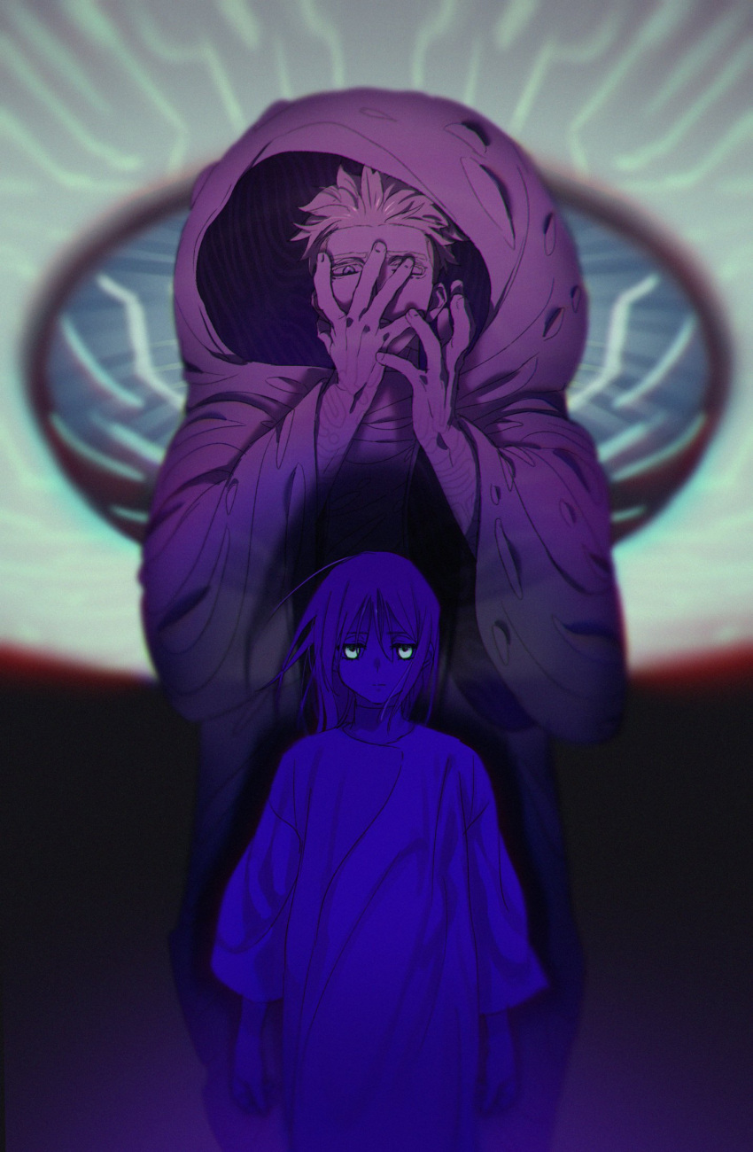 1boy 1girl arms_at_sides blue_theme blurry blurry_background child glowing glowing_eyes hand_on_own_face hands_up height_difference highres hooded_robe looking_at_viewer millions_knives multiple_monochrome one_eye_covered purple_theme robe rokuga1 short_hair spiky_hair standing tesla_(trigun) trigun trigun_stampede