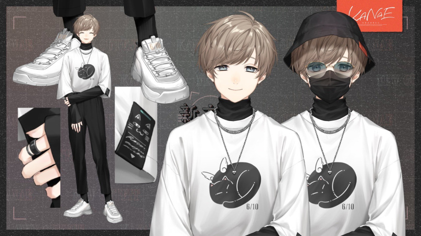 1boy animal_print black_headwear black_pants black_shirt black_socks blue_eyes brown_hair bucket_hat character_name closed_eyes full_body glasses hat highres jewelry kanae_(15th_costume)_(nijisanji) kanae_(nijisanji) long_sleeves looking_at_viewer mask mole mole_under_eye mouth_mask necklace nijisanji official_art pants roto_(kanae) second-party_source shirt shoes sleeves_past_wrists smile sneakers socks solo tachi-e usuke_(u_skeeep) virtual_youtuber white_footwear white_shirt