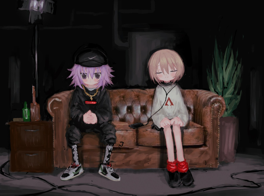 2girls alternate_costume black_headwear black_pants blanc_(neptune_series) blush bottle brown_hair closed_eyes closed_mouth couch earphones full_body hat highres indoors jewelry long_sleeves looking_at_viewer multiple_girls necklace neptune_(neptune_series) neptune_(series) own_hands_together pants plant potted_plant purple_hair red_socks reitoubeef shirt shoes short_hair sitting sneakers socks violet_eyes