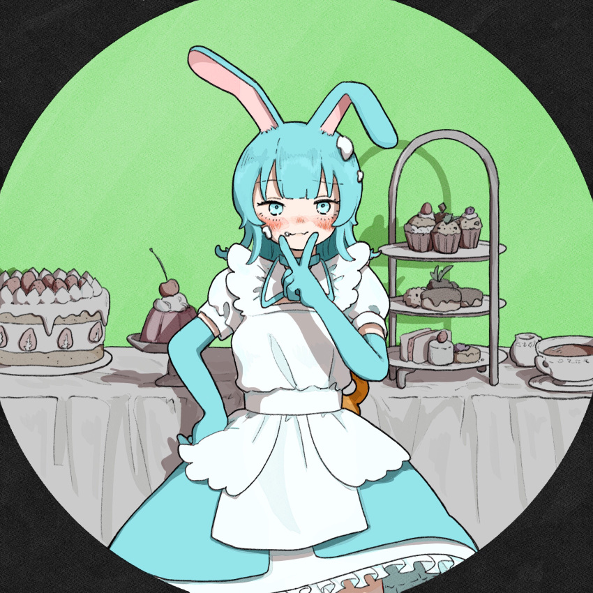 1girl :3 animal_ears apron black_border blue_dress blue_eyes blue_gloves blue_hair blunt_bangs blush border cake cherry circular_border collared_dress commentary_request cupcake dessert dress ear_down elbow_gloves feet_out_of_frame food food_on_face food_on_head food_request frilled_dress frills fruit gathers gelatin gloves green_background hand_on_own_hip hand_up highres hoshoku_hihoshoku_(vocaloid) icing long_hair looking_at_viewer maid_apron object_on_head rabbit_ears rabbit_girl raised_eyebrow sabaku_(saba9) shadow solo standing straight-on strawberry_shortcake tiered_tray two-tone_dress v white_dress winding_key