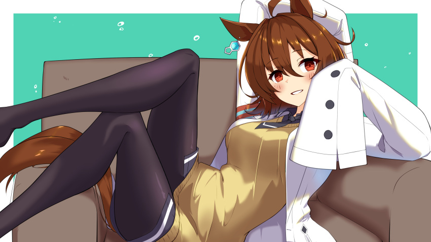 1girl absurdres agnes_tachyon_(umamusume) ahoge black_necktie black_pantyhose black_shirt brown_hair chemical_structure collared_shirt commentary_request couch crossed_legs earrings empty_eyes feet_out_of_frame highres horse_girl jewelry lab_coat looking_at_viewer lying messy_hair necktie on_couch pantyhose partial_commentary red_eyes shiba_(zudha) shirt short_hair single_earring sleeves_past_fingers sleeves_past_wrists smile solo sweater sweater_vest umamusume yellow_sweater