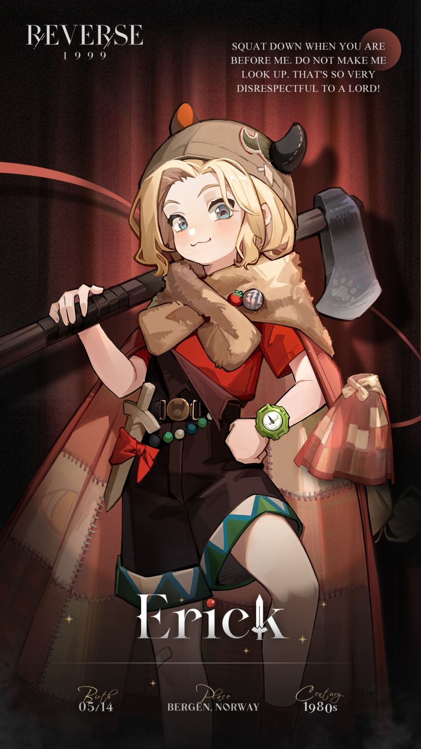 1girl :3 axe badge bandaid bandaid_on_leg bead_belt belt black_belt blonde_hair blue_eyes blush brown_headwear brown_overalls button_badge cape character_name child copyright_name english_text erick_(reverse:1999) feet_out_of_frame fur_cape hand_on_own_hip highres holding holding_axe horned_hat logo looking_at_viewer medium_hair official_art orange_cape over_shoulder overall_shorts overalls overalls_pull parted_bangs patchwork_clothes red_background red_curtains red_shirt reverse:1999 shirt short_sleeves socks solo spotlight standing stepped_on sword watch watch weapon weapon_over_shoulder wooden_sword