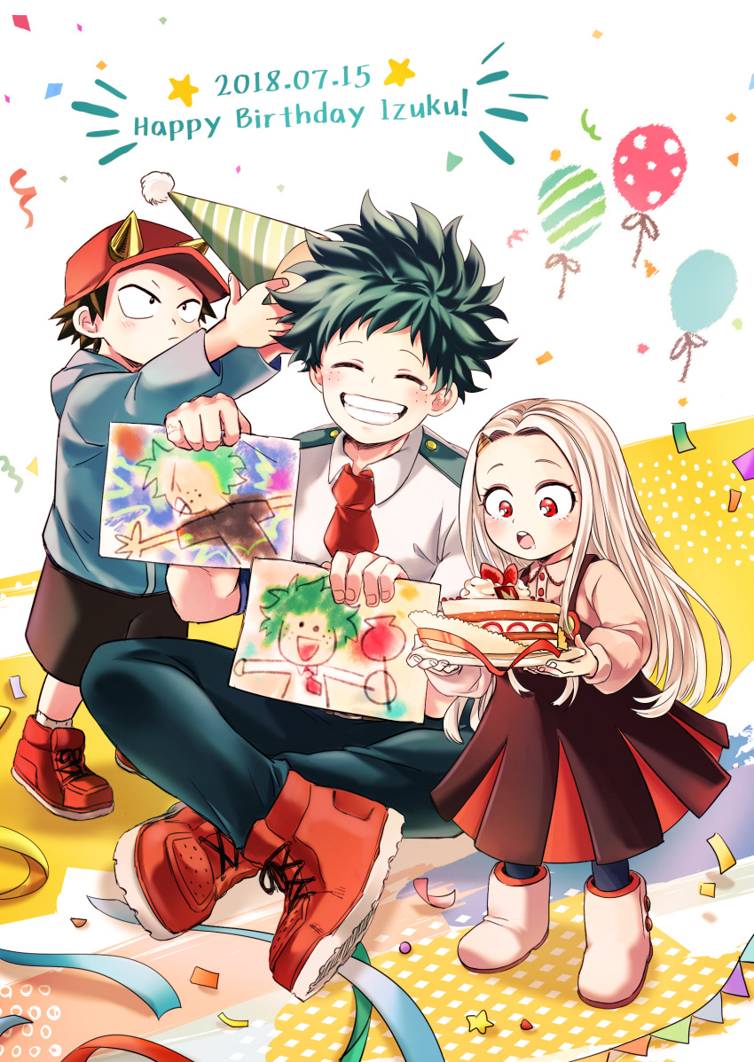 &gt;:( 1girl 2boys :o ^_^ ankle_boots balloon baseball_cap birthday birthday_cake black_hair black_shorts blue_hoodie blue_pants blue_socks blush boku_no_hero_academia boots bright_pupils cake character_name child child's_drawing closed_eyes collared_shirt colored_shoe_soles confetti cross-laced_footwear crossed_ankles curly_hair diagonal-striped_headwear diamond_(shape) drawing dress dress_shirt drooling eri_(boku_no_hero_academia) facing_viewer fake_horns fingernails food freckles full_body green_hair grey_hair hands_up happy happy_birthday hat highres holding holding_clothes holding_drawing holding_hat holding_paper holding_plate hood hood_down hoodie horned_hat horned_headwear horns indian_style izumi_kouta long_hair long_sleeves looking_at_food looking_down looking_up midoriya_izuku mouth_drool multiple_boys necktie on_floor open_mouth outstretched_arms pac-man_eyes pants paper parted_bangs parted_hair party_hat pennant pinafore_dress plate puffy_long_sleeves puffy_sleeves red_eyes red_footwear red_necktie red_ribbon reiquil ribbon school_uniform shadow shirt shoes short_eyebrows short_hair short_sleeves shorts single_horn sitting sleeveless sleeveless_dress smile sneakers socks spiky_hair spoilers standing star_(symbol) strawberry_shortcake streamers string_of_flags summer_uniform tearing_up tears teeth timestamp u.a._school_uniform upper_teeth_only v-shaped_eyebrows white_footwear white_pupils white_shirt wing_collar yellow_horns