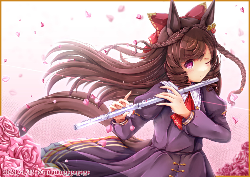 1girl absurdres animal_ears blush bow closed_mouth daiichi_ruby_(umamusume) dated flower flute hair_bow hair_ornament highres horse_ears horse_girl horse_tail instrument looking_at_viewer music one_eye_closed petals playing_instrument rururugegegege simple_background solo tail twitter_username umamusume violet_eyes white_background