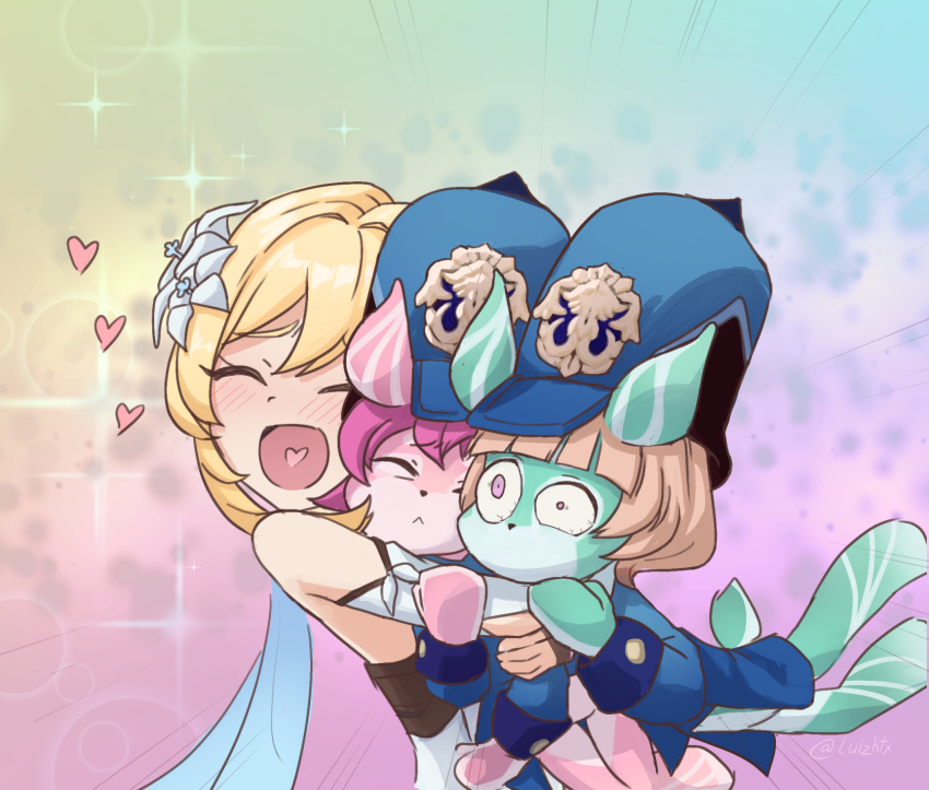 3girls ^_^ blonde_hair blush brown_hair closed_eyes commentary detached_sleeves dress english_commentary flower furry furry_female furry_with_non-furry genshin_impact gradient_background hair_between_eyes hair_flower hair_ornament hat heart heart_in_mouth height_difference highres hug interspecies long_sleeves looking_at_another luizhtx lumine_(genshin_impact) melusine_(genshin_impact) multiple_girls police police_hat police_uniform policewoman purple_hair rabbit_girl short_hair short_hair_with_long_locks sidelocks simple_background uniform white_dress