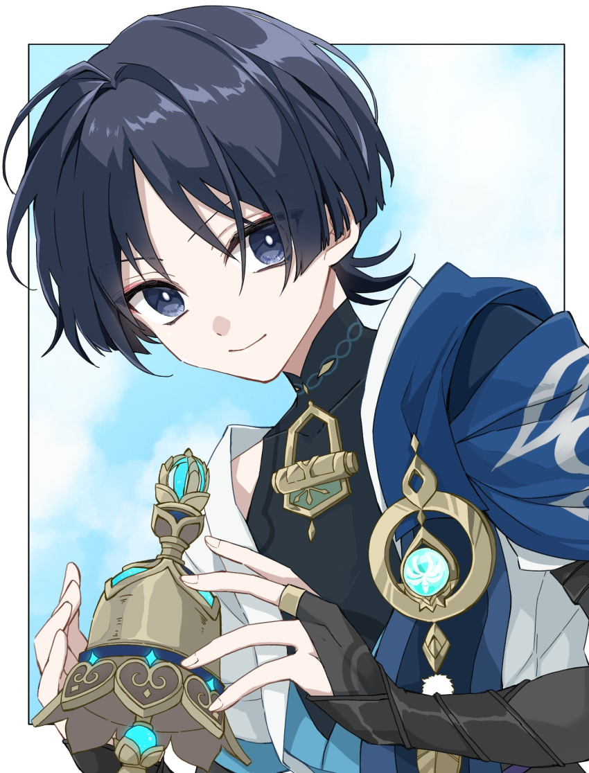 1boy bell black_hair black_shirt blue_cape blue_sky blunt_ends border bridal_gauntlets bright_pupils cape closed_mouth clouds commentary_request covered_collarbone day eyeshadow feathers genshin_impact hands_up highres jacket looking_at_viewer makeup male_focus open_clothes open_jacket outside_border parted_bangs pom_pom_(clothes) red_eyeshadow same_(same_hoge) scaramouche_(genshin_impact) shirt short_hair short_sleeves sidelocks sky sleeveless sleeveless_shirt smile solo tulaytullah's_remembrance_(genshin_impact) upper_body violet_eyes vision_(genshin_impact) wanderer_(genshin_impact) weapon white_border white_jacket white_pupils
