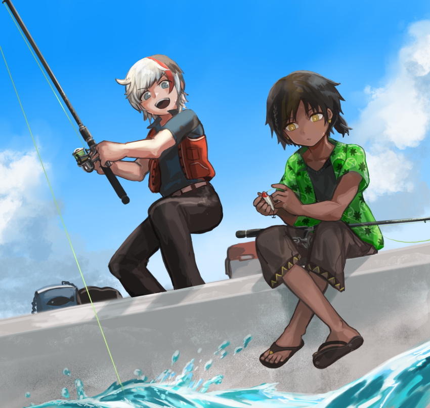 2boys alternate_costume arknights bait black_bag black_hair black_pants black_shirt blue_bag blue_eyes blue_shirt blue_sky bright_pupils brown_footwear brown_shorts buchi0122 collared_shirt dark-skinned_male dark_skin day ear_piercing elysium_(arknights) fishing fishing_lure fishing_rod from_below full_body green_shirt grey_hair hawaiian_shirt highres holding holding_fishing_rod jewelry life_vest light_blush looking_at_object looking_down lure multicolored_hair multiple_boys open_mouth orange_vest outdoors pants parted_lips piercing redhead sandals shirt shoe_soles short_hair short_sleeves shorts sitting sky standing streaked_hair sweat teeth thorns_(arknights) toes upper_teeth_only vest water white_pupils yellow_eyes