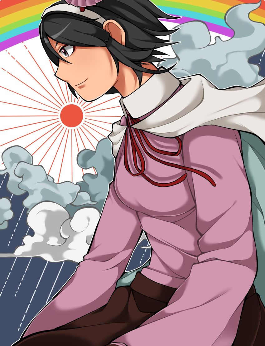 1jumangoku 1other amanomiya_jun androgynous black_hair blue_background bow bowtie brown_skirt cape closed_mouth clouds commentary_request grey_eyes hairband highres japanese_clothes len'en long_sleeves looking_to_the_side pink_shirt rain rainbow red_bow red_bowtie shirt short_hair skirt smile sun two-tone_background umbrella_hair_ornament white_background white_cape white_hairband wide_sleeves