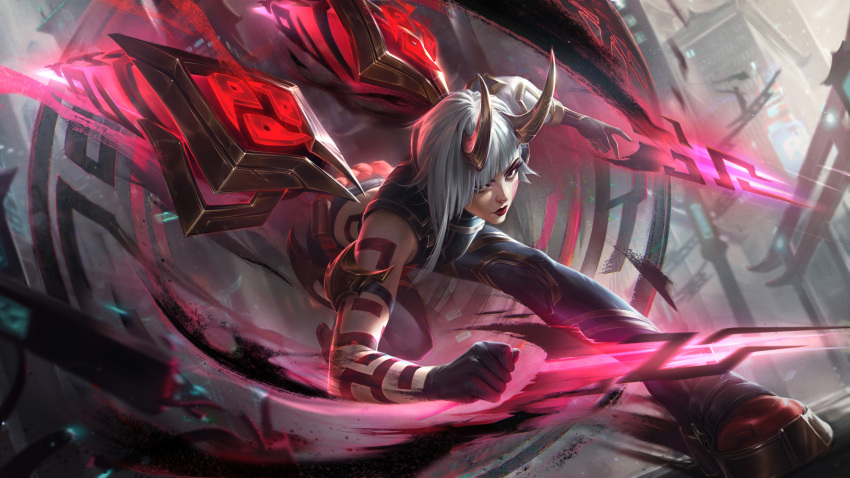 absurdres arm_tattoo belt detached_wings highres horns inkshadow_kai'sa kai'sa league_of_legends legends_of_runeterra pants red_belt source_request tattoo tight_clothes tight_pants white_hair wings