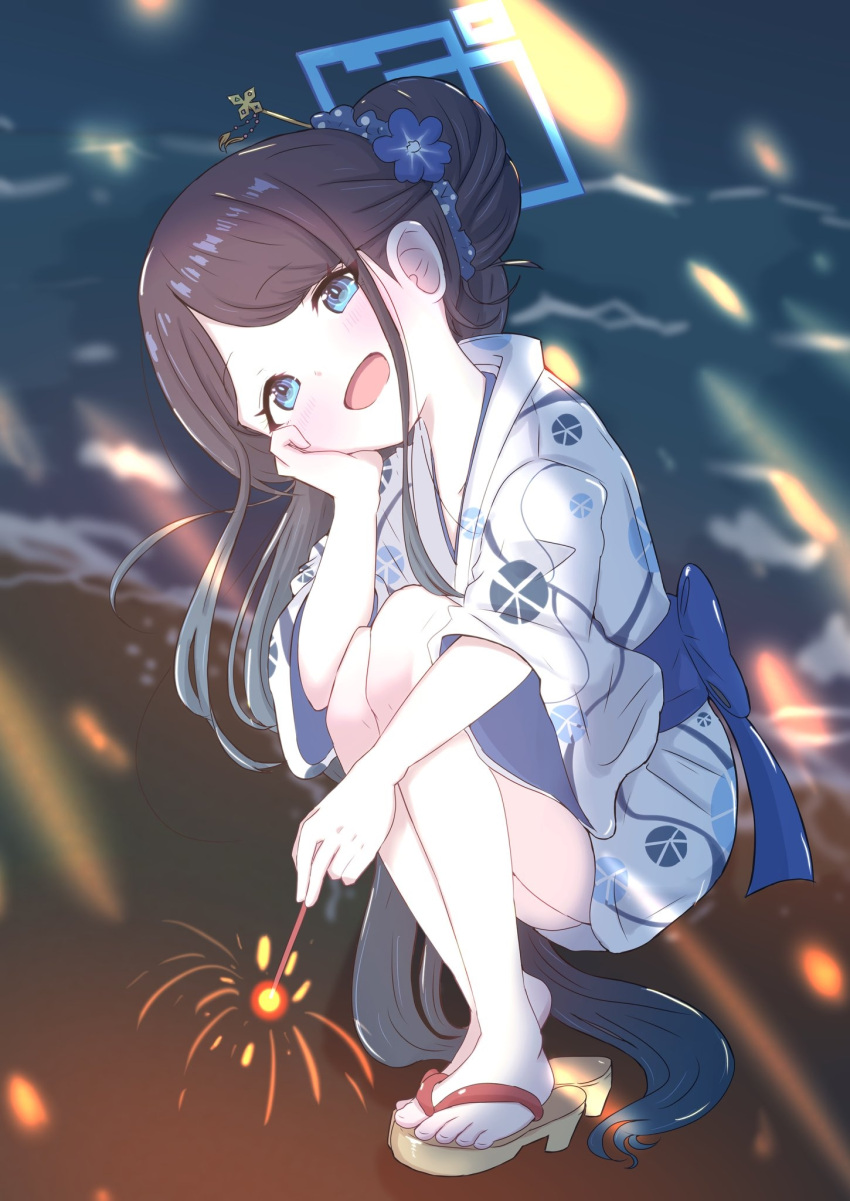 1girl :d absurdly_long_hair alternate_costume alternate_hairstyle aris_(blue_archive) bare_legs black_hair blue_archive blue_eyes blue_flower blush commentary_request flower full_body giorgio_(yo_sumire_sola1) hair_bun hair_flower hair_ornament hand_on_own_cheek hand_on_own_face hand_up happy head_rest head_tilt highres holding_fireworks japanese_clothes kimono legs_folded legs_together long_hair looking_at_viewer outdoors pale_skin ponytail sandals smile solo squatting upskirt very_long_hair yukata