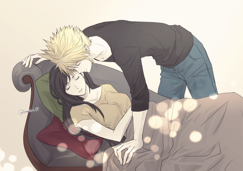 1boy 1girl bent_over black_shirt blanket blonde_hair blue_pants breasts closed_eyes closed_mouth cloud_strife collarbone commentary_request couch couple earrings final_fantasy final_fantasy_vii final_fantasy_vii_remake himmelisch-garten indoors jewelry kiss light_particles long_hair lying medium_breasts on_back pants pillow shirt short_sleeves single_earring single_sidelock sleeping spiky_hair stud_earrings swept_bangs tifa_lockhart twitter_username under_covers yellow_shirt