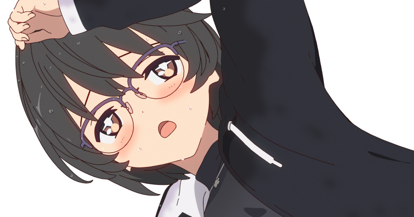 1girl 3d black_hair black_hoodie blender_(medium) brown_eyes dot_nose dutch_angle english_commentary expressionless glasses hand_up highres hood hood_down hoodie jewelry long_sleeves mixed-language_commentary necklace open_mouth rin_(rinrinne) rinrinne rinrinne39_(artist) semi-rimless_eyewear short_hair simple_background solo stain stained_clothes sweat sweaty_clothes turtleneck upper_body very_sweaty virtual_youtuber white_background