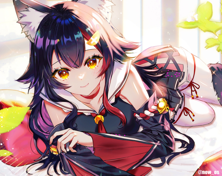1girl animal_ear_fluff animal_ears black_hair black_serafuku black_shirt black_skirt blush breasts choker closed_mouth collarbone cropped_shirt detached_sleeves hair_between_eyes hair_ornament hairclip highres hololive long_hair looking_at_viewer lying multicolored_hair neckerchief on_side ookami_mio ookami_mio_(1st_costume) pleated_skirt red_choker red_neckerchief redhead sailor_collar school_uniform serafuku shirt skirt sleeveless sleeveless_shirt smile solo sowon streaked_hair tail thigh-highs virtual_youtuber white_sailor_collar white_thighhighs wolf_ears wolf_girl wolf_tail yellow_eyes