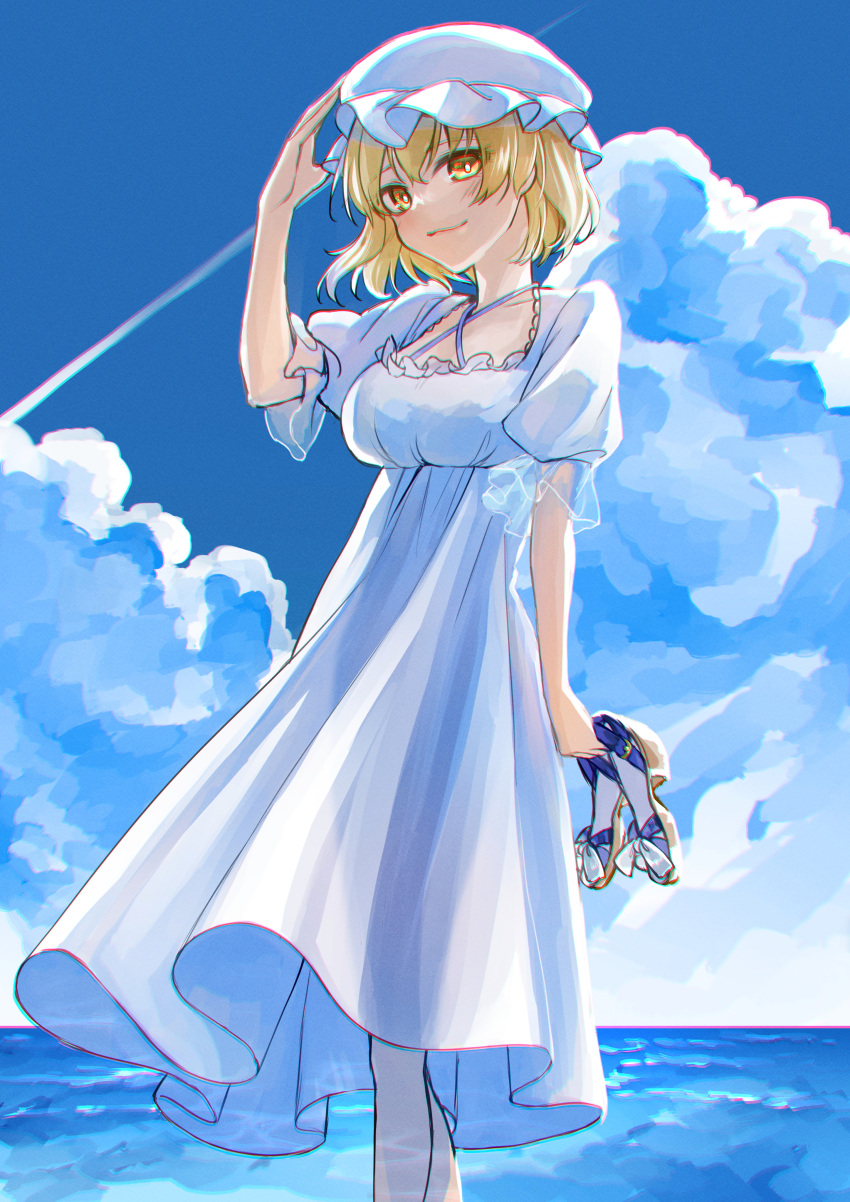 1girl absurdres blonde_hair closed_mouth clouds cloudy_sky day dress feet_out_of_frame hair_between_eyes hat highres holding holding_clothes holding_footwear kinese_(katasutorohu) maribel_hearn mob_cap outdoors sandals short_hair short_sleeves sky smile solo touhou white_dress white_headwear yellow_eyes
