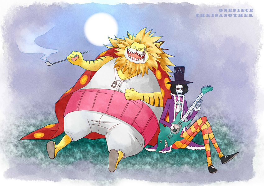 2boys afro animal_ears artist_name black_hair black_headwear brook_(one_piece) cat_ears chrisanother closed_eyes full_body full_moon grass guitar hat holding holding_instrument instrument jewelry male_focus moon multiple_boys music necklace nekomamushi on_grass one_piece open_mouth playing_instrument scar sharp_teeth sitting skeleton skull smile smoking_pipe sunglasses teeth top_hat whiskers