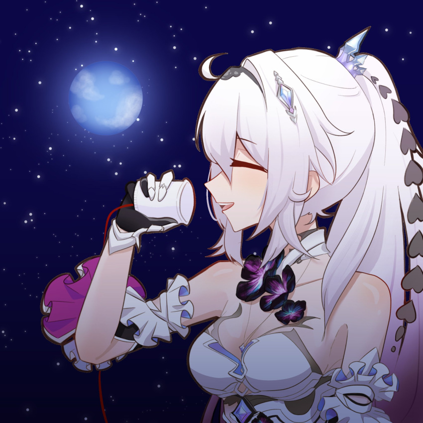 1girl ahoge bare_shoulders black_flower breasts chinese_commentary closed_eyes crown cup flower full_moon high_ponytail highres holding holding_cup honkai_(series) honkai_impact_3rd kiana_kaslana kiana_kaslana_(herrscher_of_finality) long_hair medium_breasts moon night night_sky open_mouth ponytail sky solo string_phone teeth upper_body upper_teeth_only white_hair xingg26833522