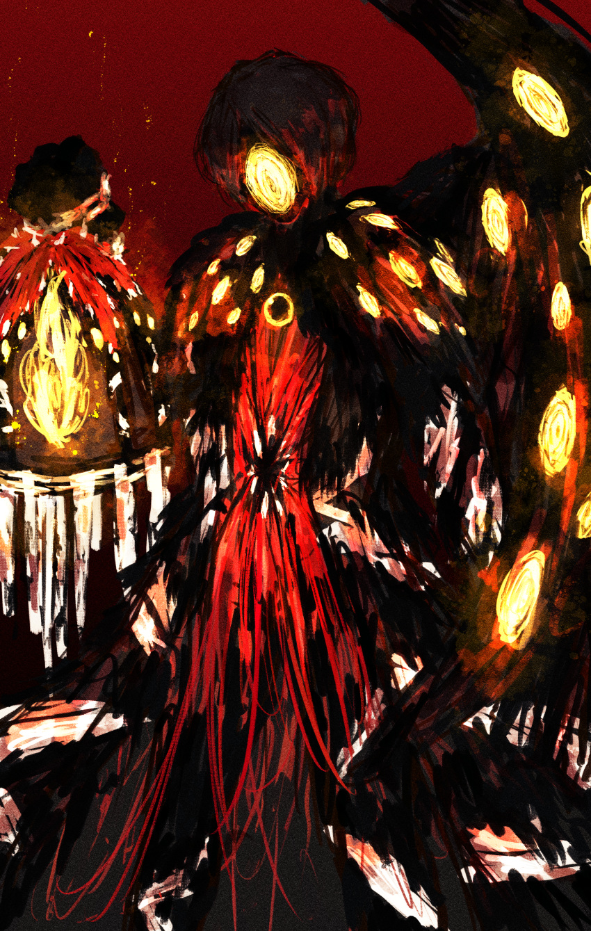 1boy absurdres akita_(akitakipuromun) apocalypse_bird birdcage black_coat black_wings cage coat e.g.o_(project_moon) extra_eyes extra_mouth facing_viewer fire highres holding holding_cage lantern library_of_ruina male_focus project_moon red_background roland_(library_of_ruina) wings yellow_eyes yellow_gemstone