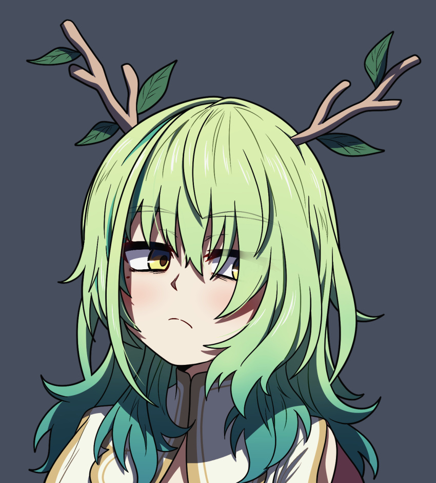 1girl antlers capelet ceres_fauna ceres_fauna_(1st_costume) closed_mouth commentary dark_green_hair ddolbang expressionless gradient_hair green_eyes green_hair grey_background hair_between_eyes hair_branch hair_over_eyes highres hololive hololive_english leaf looking_to_the_side medium_hair messy_hair mole mole_under_eye multicolored_hair simple_background two-tone_hair upper_body virtual_youtuber white_capelet