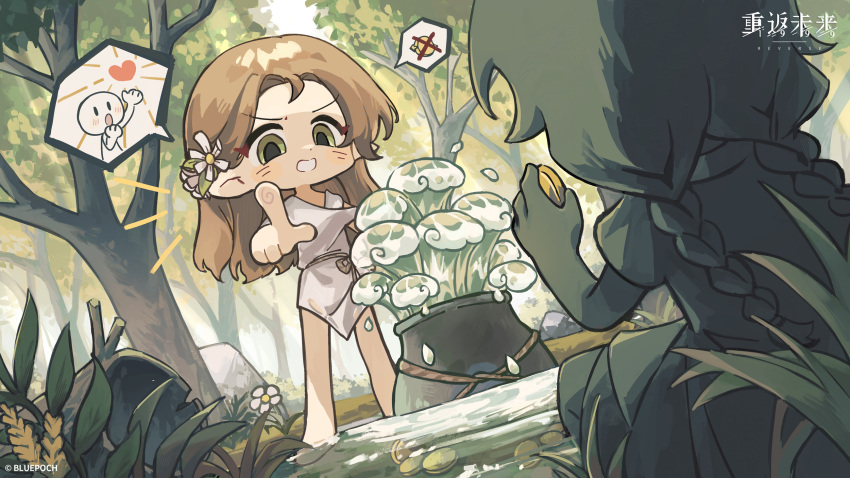2girls bare_legs barefoot braid brown_hair chibi coin copyright copyright_name day dutch_angle elf flower forest grass green_eyes hair_flower hair_ornament highres holding holding_coin la_source_(reverse:1999) logo long_hair low_twintails multiple_girls nature official_art open_mouth outstretched_arm parted_bangs pointing pointing_at_another pointy_ears pond reverse:1999 second-party_source short_sleeves shout_lines solo_focus speech_bubble splashing spoken_x squatting standing storage_pot tree tunic twin_braids twintails v-shaped_eyebrows water water_drop white_flower white_tunic
