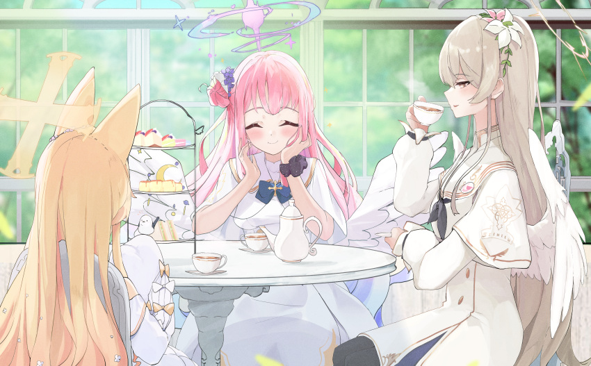 3girls absurdres blonde_hair blue_archive capelet chankuro cup dress drinking feathered_wings halo highres holding holding_cup light_brown_hair mika_(blue_archive) multiple_girls nagisa_(blue_archive) pink_hair seia_(blue_archive) sitting tea_party_(blue_archive) teacup teapot tiered_tray white_capelet white_dress white_wings wings