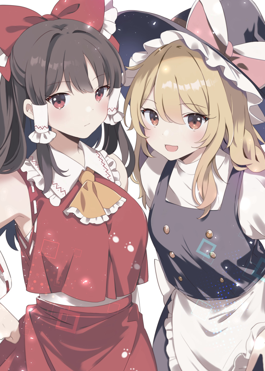 1girl :d apron ascot back-seamed_legwear black_headwear black_skirt black_vest blush bow brown_eyes commentary_request crop_top crop_top_overhang detached_sleeves double_v hair_bow hair_tubes hakurei_reimu hat highres kirisame_marisa looking_at_viewer loveyuzu nontraditional_miko open_mouth red_shirt red_skirt seamed_legwear shirt sidelocks skirt smile solo touhou v vest waist_apron white_apron witch_hat yellow_ascot
