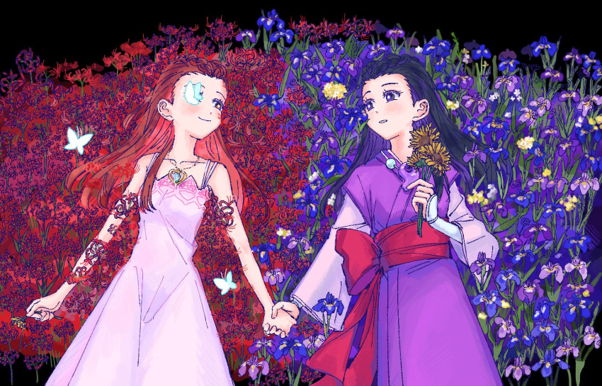 2girls ace_attorney black_background black_hair blue_flower blush braid bug butterfly closed_mouth daffodil dahlia_hawthorne dress eye_contact flower hanten_(clothes) holding holding_flower holding_hands iris_(ace_attorney) japanese_clothes jewelry long_hair long_sleeves looking_at_another lying magatama magatama_necklace matching_hairstyle multiple_girls necklace obi on_back oyoyo_pe phoenix_wright:_ace_attorney_-_trials_and_tribulations red_flower red_sash redhead sash siblings sisters sleeveless sleeveless_dress smile spider_lily sunflower symmetry twins white_butterfly white_dress