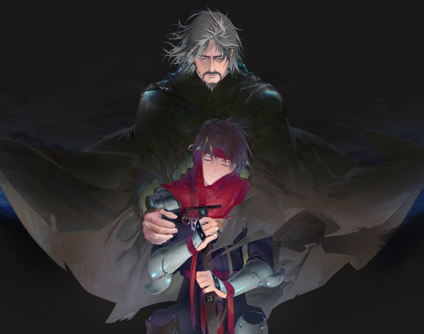 2boys arc_(arc_the_lad) arc_the_lad armor beard brown_hair closed_eyes closed_mouth facial_hair father_and_daughter headband male_focus multiple_boys protected_link red_scarf save_scene_a scarf short_hair sword weapon