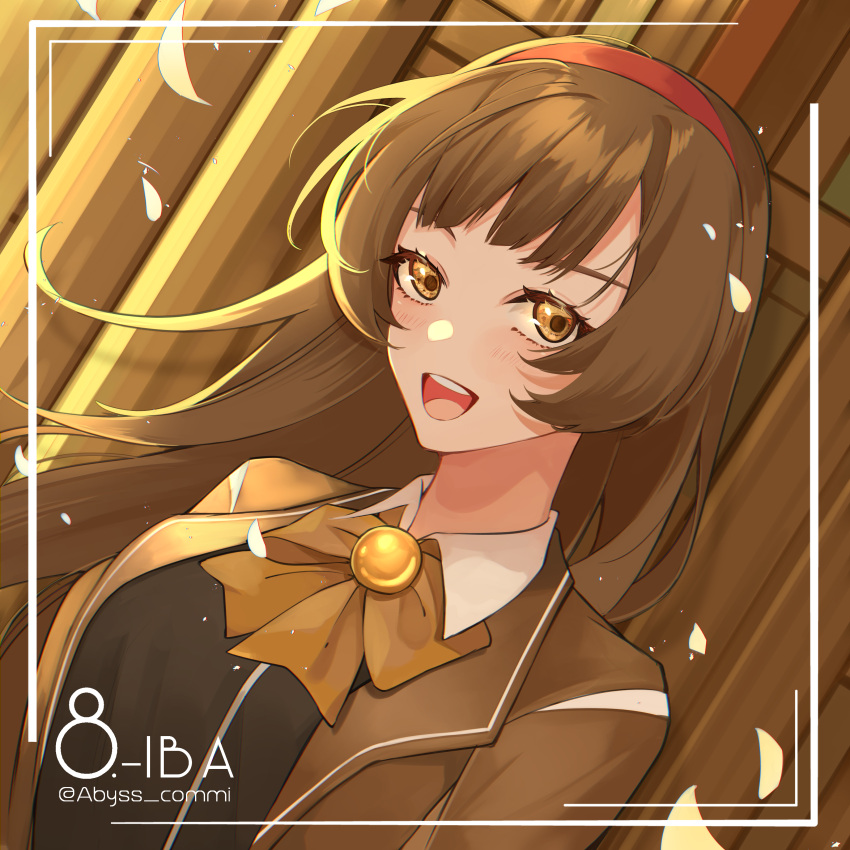 1girl absurdres black_vest blush bow bowtie brown_bow brown_bowtie brown_eyes brown_hair collared_shirt hairband highres library_of_ruina long_hair looking_at_viewer malkuth_(project_moon) open_mouth project_moon red_hairband shirt sidelocks smile solo to_ame_ha_yaiba upper_body very_long_hair vest white_shirt