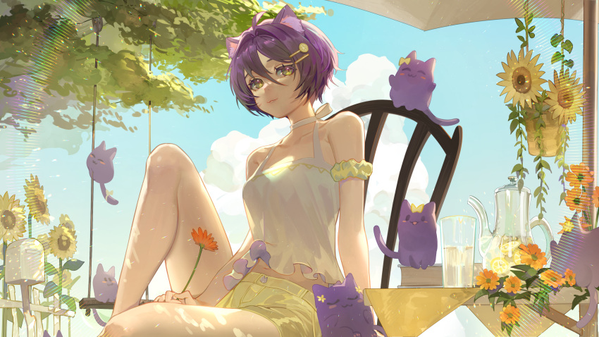 1girl absurdres animal_ear_fluff animal_ears arm_scrunchie bare_shoulders cat chair commentary_request commission cup drinking_glass flower hair_ornament hairclip halterneck highres indie_virtual_youtuber jean_faymas_(vtuber) mailbox_(incoming_mail) outdoors pitcher_(container) purple_cat purple_hair short_hair shorts sitting skeb_commission sky solo summer sunflower table tank_top uyuyuun virtual_youtuber white_tank_top yellow_eyes yellow_shorts