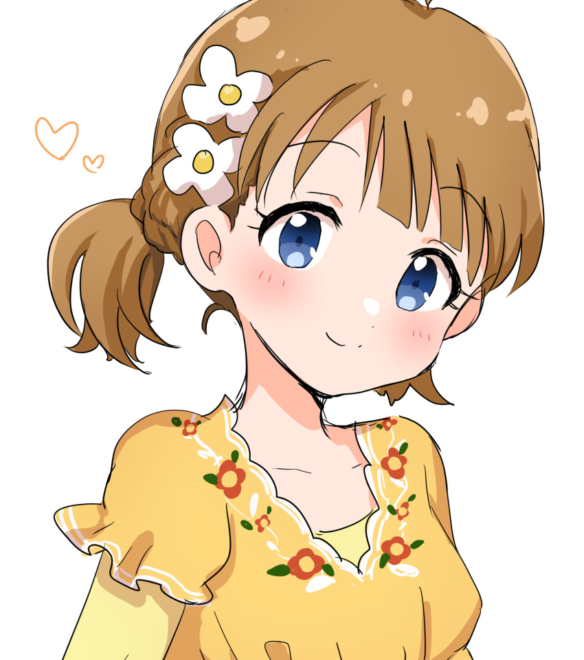 1girl blue_eyes blush brown_hair child commentary_request dot_nose dress floral_print flower frilled_sleeves frills hair_flower hair_ornament heart highres idolmaster idolmaster_million_live! idolmaster_million_live!_theater_days kahiika long_sleeves looking_at_viewer official_alternate_hairstyle short_hair short_twintails smile solo suou_momoko twintails upper_body white_background yellow_dress
