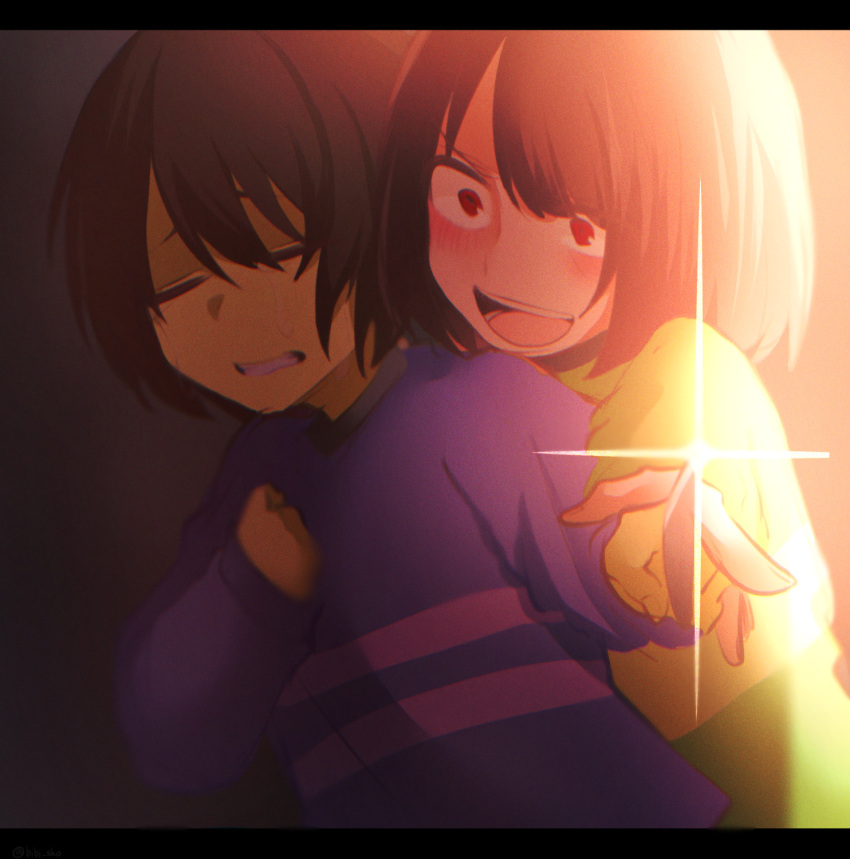 2others 345_myk :d androgynous black_border blush bob_cut border brown_hair chara_(undertale) clenched_hand clenched_teeth close-up closed_eyes commentary crazy_eyes crazy_smile crying double_horizontal_stripe film_grain foreshortening frisk_(undertale) front-to-back green_sweater hair_between_eyes hand_on_own_chest heads_together highres holding_another's_wrist index_finger_raised letterboxed long_sleeves looking_at_another multiple_others open_mouth parted_lips pink_sweater pointing purple_sweater raised_eyebrows reaching reaching_towards_viewer red_eyes short_hair single_horizontal_stripe smile sparkle streaming_tears sweater tears teeth undertale unhappy upper_body upper_teeth_only v-shaped_eyebrows wide-eyed worried yellow_sweater