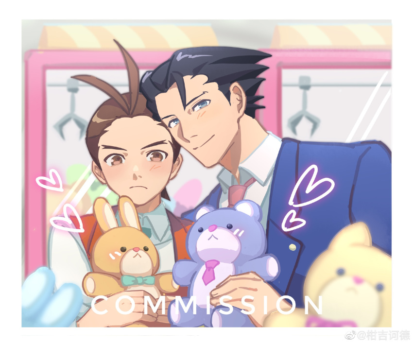 2boys ace_attorney antenna_hair apollo_justice aqua_bow aqua_bowtie aqua_necktie black_hair blue_eyes blue_jacket blush border bow bowtie brown_eyes brown_hair closed_mouth collared_shirt commission crane_game doll_hug drawn_heart english_text forehead frown highres jacket kanmi_(kanmiland) lapel_pin lapels looking_at_viewer male_focus multiple_boys necktie object_hug phoenix_wright pink_necktie red_vest shirt short_hair smile spiky_hair stuffed_animal stuffed_rabbit stuffed_toy suit_jacket teddy_bear upper_body vest white_border white_shirt