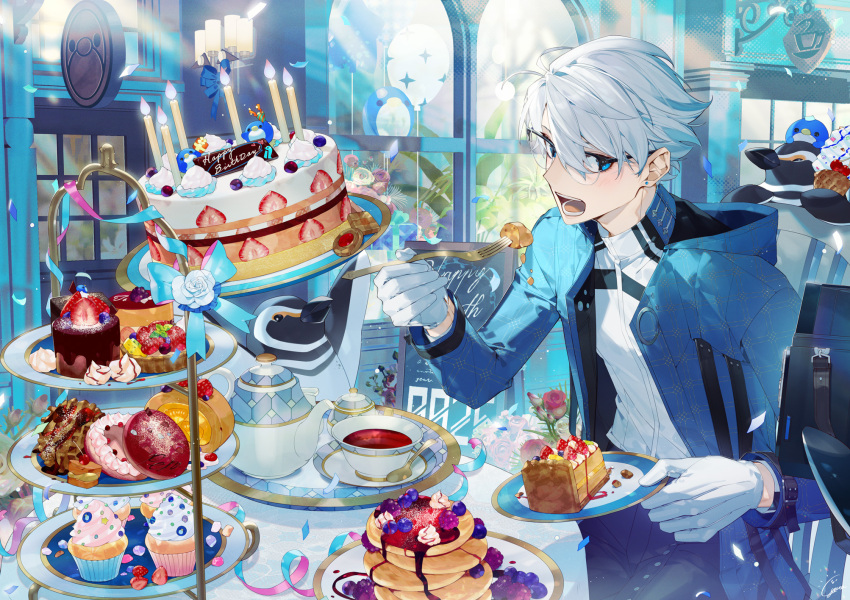 bird blue_eyes bulletin_board cake cake_slice candle chocolate cupcake dessert door earrings eating food fork fruit glasses gloves highres jacket jewelry on_chair open_clothes open_jacket original pancake pancake_stack pastry penguin plate rezia sitting strawberry sunlight tea teapot toy white_gloves white_hair window