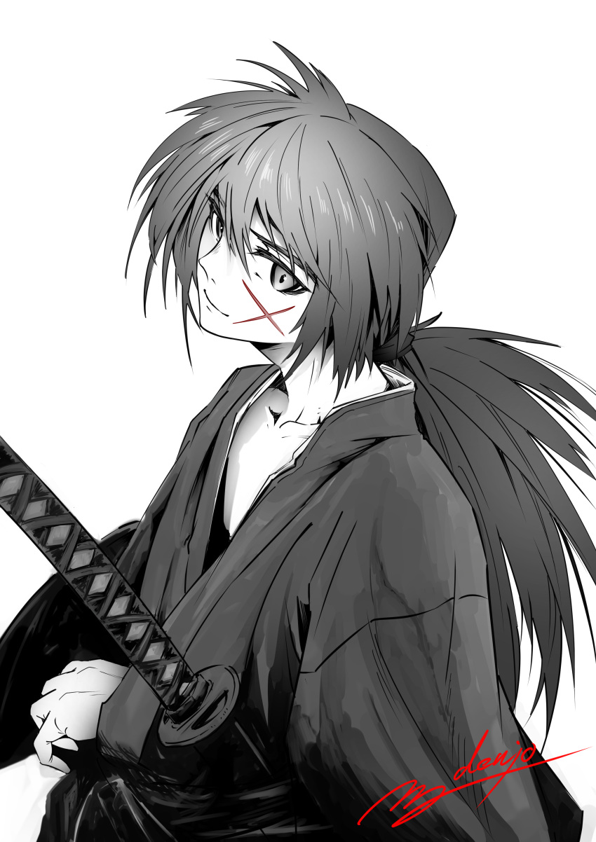 1boy absurdres closed_mouth collarbone commentary cross_scar denjyou23 elbow_rest greyscale hair_between_eyes highres himura_kenshin japanese_clothes katana kimono long_hair long_sleeves looking_at_viewer low_ponytail male_focus monochrome rurouni_kenshin scar scar_on_cheek scar_on_face sheath sheathed signature solo spot_color sword upper_body weapon white_background wide_sleeves