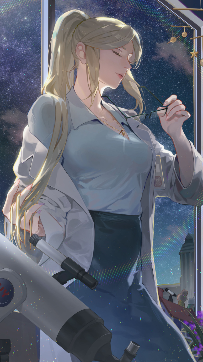 1girl absurdres blonde_hair blue_skirt breasts closed_eyes closed_mouth collared_shirt commission eyewear_removed high_ponytail highres holding holding_removed_eyewear jewelry lab_coat long_skirt medium_breasts necklace night night_sky original shirt sidelocks skeb_commission skirt sky solo space star_(sky) starry_sky telescope uyuyuun white_shirt window