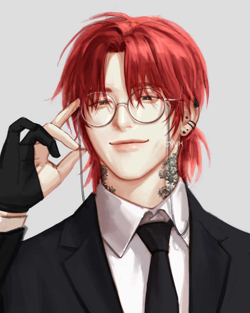 1boy absurdres bespectacled black_necktie closed_mouth collared_shirt commentary_request eoduun_badaui_deungbul-i_doeeo glasses grey_background hand_up highres jyum_00 kim_jaehee korean_commentary looking_at_viewer male_focus neck_tattoo necktie prosthetic_fingers redhead round_eyewear shirt short_hair simple_background solo suit tattoo upper_body white_shirt