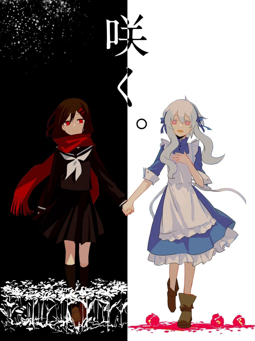 2girls aaniko alternate_color ambiguous_red_liquid apron bad_id bad_pixiv_id black_background black_sailor_collar black_serafuku black_skirt black_socks black_vs_white blue_bow blue_dress blue_hairband boots bow bow_hairband bright_pupils brown_footwear brown_hair buttoned_cuffs buttons closed_mouth collared_dress colored_eyelashes double-parted_bangs dress enpera flower frilled_apron frilled_dress frills fringe_trim full_body hair_between_eyes hair_ornament hairband hairclip hand_on_own_chest highres holding_hands kagerou_project kneehighs kozakura_marry long_sleeves looking_at_viewer multiple_girls neckerchief open_mouth pink_eyes red_eyes red_flower red_scarf sailor_collar scarf school_uniform serafuku simple_background single_stripe skirt sleeves_past_elbows smile socks split_screen striped tateyama_ayano translated two-tone_background walking wavy_hair white_apron white_background white_flower white_hair white_neckerchief white_pupils white_stripes winter_uniform