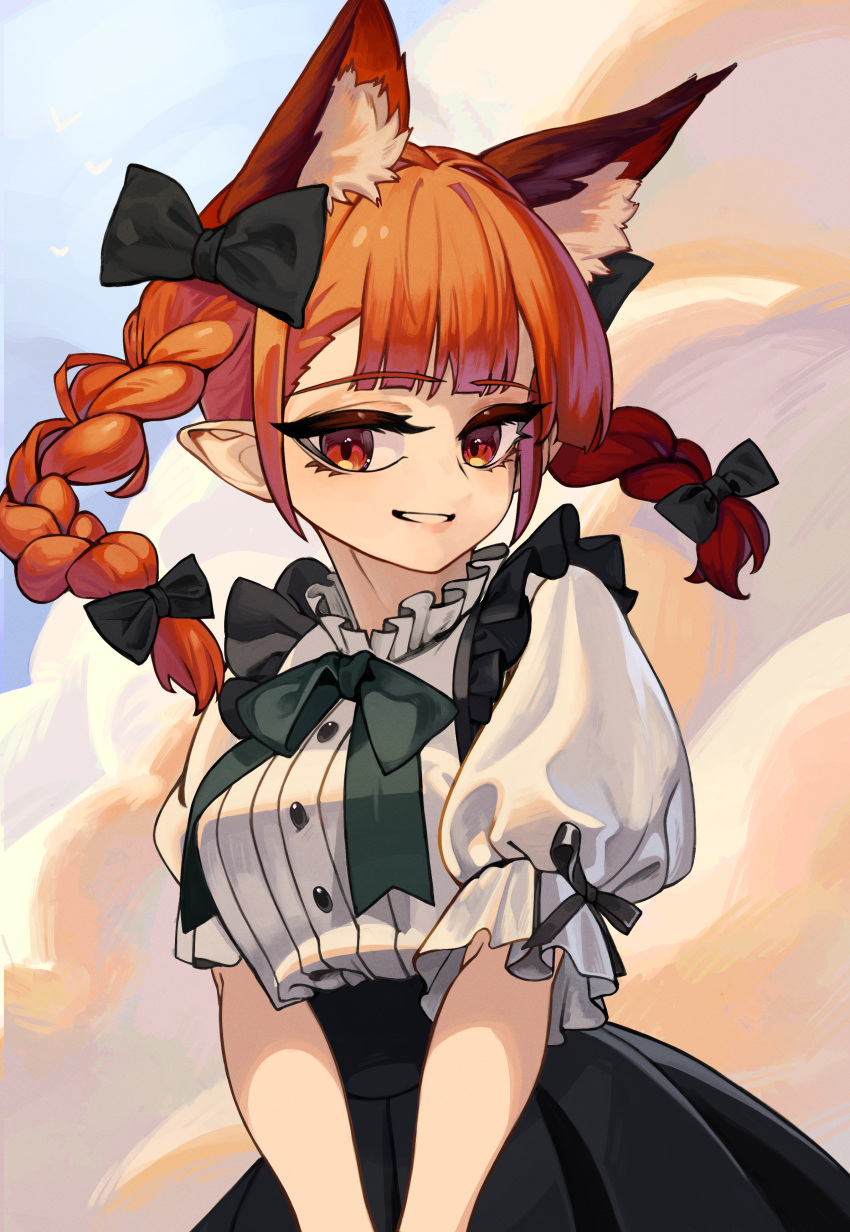 1girl absurdres alternate_costume animal_ears black_skirt bow bowtie braid buttons cat_ears extra_ears green_bow green_bowtie highres kaenbyou_rin long_hair open_mouth pointy_ears qwas69 red_eyes redhead shirt short_sleeves skirt smile solo touhou twin_braids twintails upper_body white_shirt
