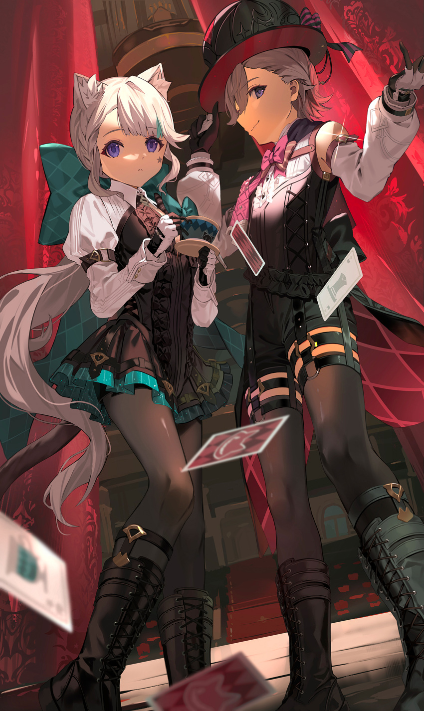 1boy 1girl animal_ears aqua_bow black_gloves black_headwear blonde_hair boots bow bowtie brother_and_sister card cat_ears cat_girl cat_tail coattails commentary_request corset cup curtains facial_mark facial_tattoo frilled_leotard frills genshin_impact gloves grey_hair hat hat_tip highres holding holding_cup huge_bow leotard long_hair long_sleeves looking_at_viewer lynette_(genshin_impact) lyney_(genshin_impact) miniskirt motto_(night_wear) multicolored_clothes multicolored_gloves pale_skin pantyhose pink_bow pink_bowtie playing_card ribbon shine shirt short_hair siblings skirt sleeveless smile star_(symbol) star_facial_mark star_tattoo tail tattoo tea teacup top_hat two-tone_gloves violet_eyes white_shirt