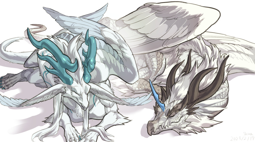blue_horns closed_eyes dragon dragon_wings feathered_wings highres horns lying no_humans original shina_ppp sleeping smile western_dragon white_background white_fur wings