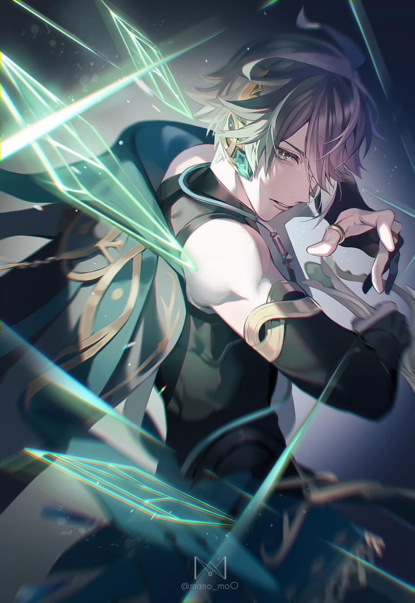 1boy ahoge alhaitham_(genshin_impact) arm_up artist_name bare_shoulders black_gloves black_shirt cable cape commentary_request crystal elbow_gloves eyelashes genshin_impact gloves gold_trim green_cape green_eyes grey_background grey_hair hair_over_one_eye hand_up highres holding holding_sword holding_weapon lens_flare looking_at_viewer looking_to_the_side male_focus manomenou one_eye_covered parted_bangs parted_lips partially_fingerless_gloves shirt short_hair shoulder_cape sidelocks simple_background slashing sleeveless sleeveless_shirt solo swept_bangs sword twitter_username watermark weapon