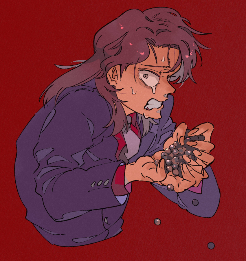 1boy bags_under_eyes ball brown_eyes brown_hair clenched_teeth collared_shirt commentary_request cropped_torso crying crying_with_eyes_open fingernails grey_necktie highres ichijou_seiya inudori jacket kaiji long_hair long_sleeves looking_at_viewer male_focus medium_bangs messy_hair necktie pachinko_ball parted_bangs purple_jacket red_background red_shirt shirt simple_background solo suit tears teeth upper_body