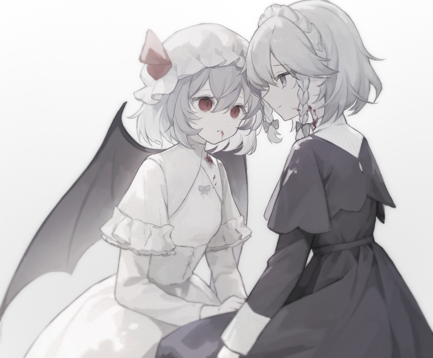 2girls bat_wings black_dress black_wings blood blood_on_clothes blood_on_face braid closed_mouth dress grey_eyes grey_hair hair_between_eyes hat highres izayoi_sakuya juliet_sleeves long_sleeves maid maid_headdress mob_cap multiple_girls open_mouth puffy_sleeves rcs_4 red_eyes remilia_scarlet short_hair short_sleeves simple_background smile touhou twin_braids white_background white_dress white_headwear wings