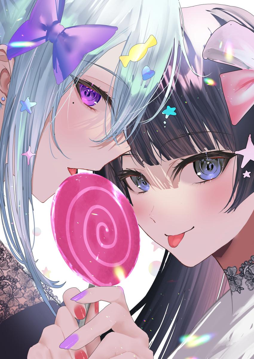 2girls absurdres black_hair black_shirt blue_eyes candy candy_hair_ornament close-up earrings food food-themed_hair_ornament grey_hair hair_ornament hair_ribbon heart heart_hair_ornament highres higuchi_kaede holding holding_candy holding_food holding_lollipop jewelry lace_trim light_particles lollipop looking_at_viewer mole mole_under_eye multiple_girls nijisanji pink_nails pink_ribbon purple_nails purple_ribbon ribbon sakurada_nana shirt sidelocks star_(symbol) star_hair_ornament tongue tongue_out tsukino_mito violet_eyes virtual_youtuber white_shirt