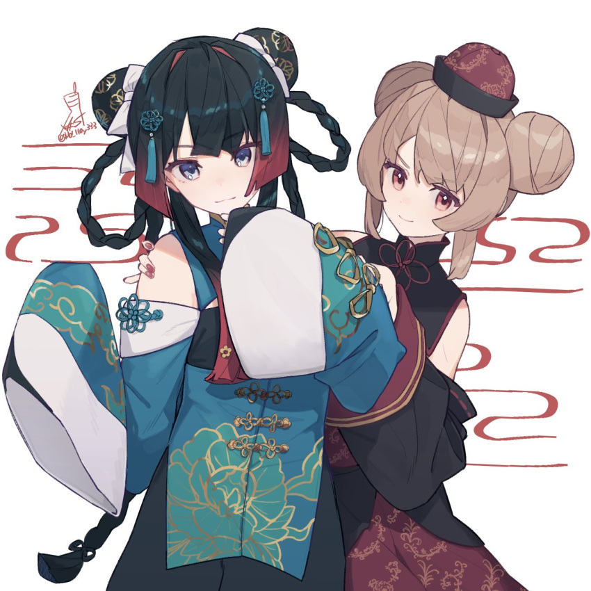 2girls black_hair blue_dress blue_eyes bow braid china_dress chinese_clothes closed_mouth cloud_print commentary detached_sleeves double_bun dress gradient_hair hair_bun hands_up hat highres light_brown_hair long_hair looking_at_viewer multicolored_hair multiple_girls natori_sana nijisanji nkst official_alternate_costume orange_eyes qing_guanmao redhead sana_channel sleeves_past_fingers sleeves_past_wrists smile symbol-only_commentary tsukino_mito tsukino_mito_(china_dress) twin_braids v-shaped_eyebrows white_background white_bow wide_sleeves