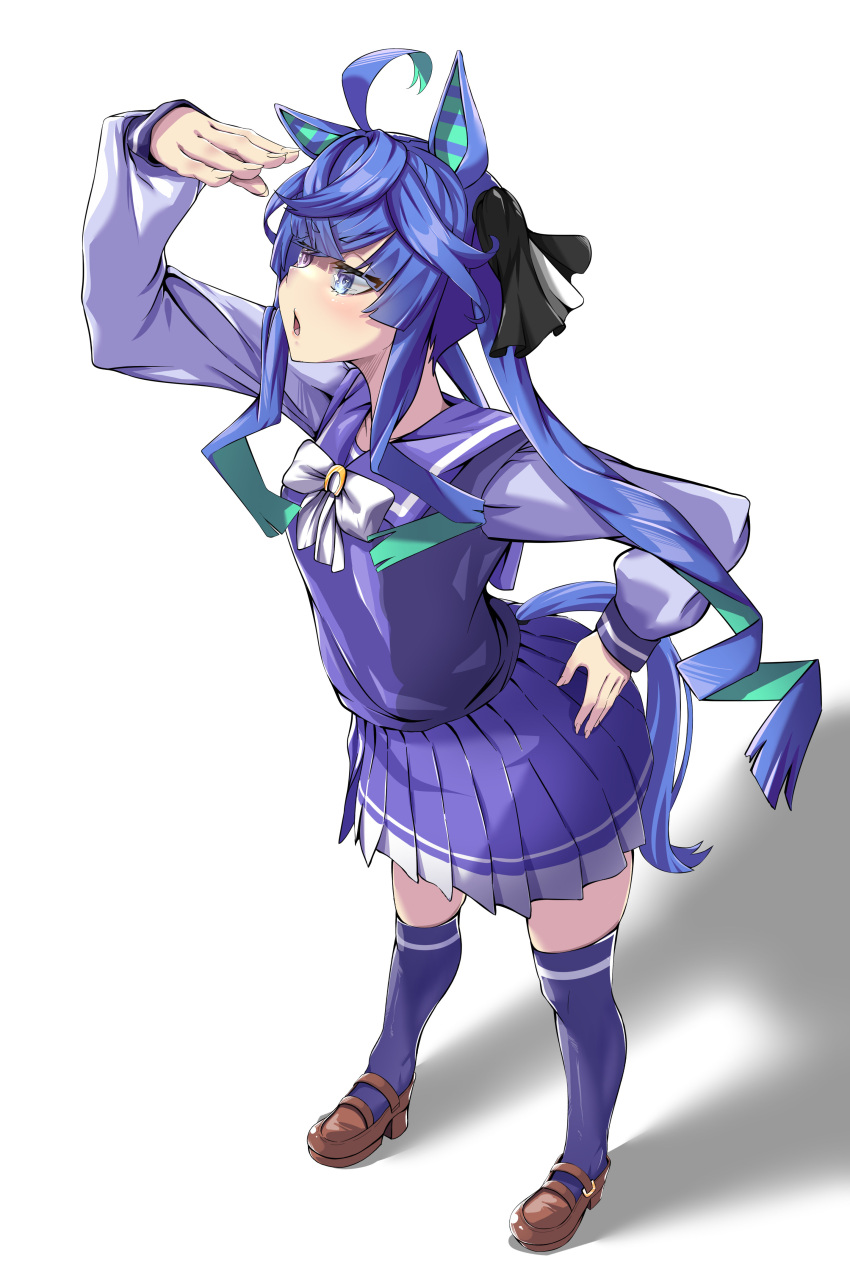 1girl absurdres ahoge animal_ears black_ribbon blue_eyes blue_hair bow bowtie brown_footwear chenofil commentary crossed_bangs full_body hair_ribbon half-closed_eyes hand_on_own_hip heterochromia highres horse_ears horse_girl horse_tail long_hair long_sleeves looking_to_the_side mary_janes miniskirt multicolored_hair open_mouth pleated_skirt purple_sailor_collar purple_skirt purple_thighhighs ribbon sailor_collar school_uniform serafuku shading_eyes shadow sharp_teeth shoes simple_background single_horizontal_stripe skirt solo standing tail teeth thigh-highs tracen_school_uniform twin_turbo_(umamusume) twintails two-tone_hair umamusume violet_eyes white_background white_bow white_bowtie