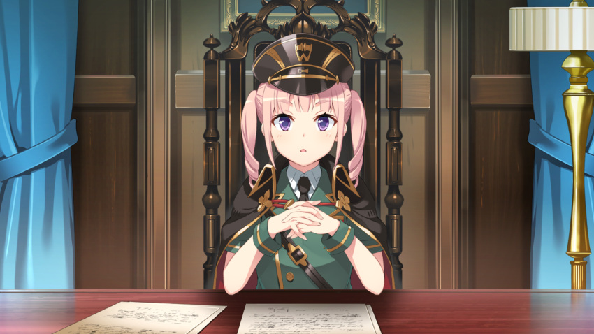 1girl chair cloak desk evenicle_2 game_cg hat indoors interlocked_fingers lamp looking_at_viewer military_uniform necktie non-web_source own_hands_together parted_lips peaked_cap pink_hair rona_heinlein sidelocks sitting solo takkun_(alicesoft) twintails uniform upper_body violet_eyes wrist_cuffs