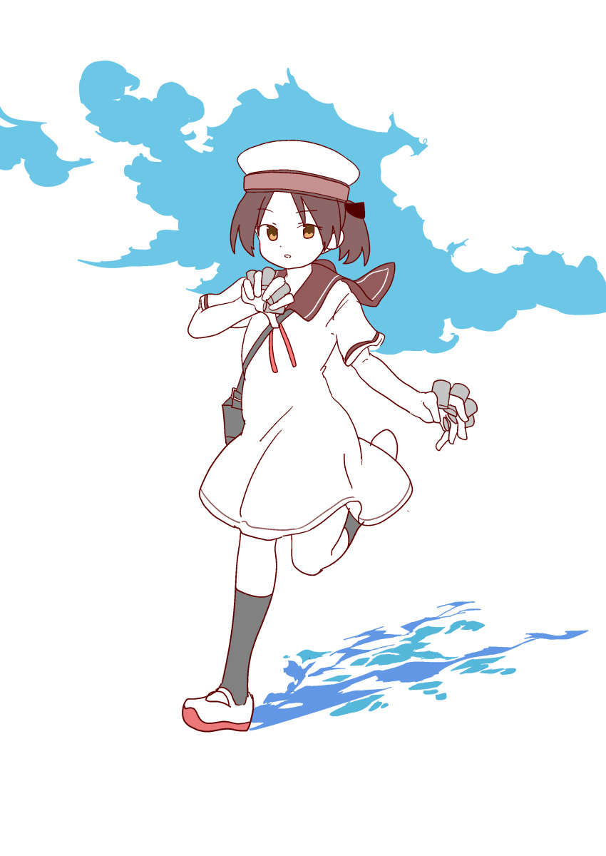 1girl absurdres aged_down bag blue_sky brown_eyes brown_hair brown_sailor_collar clouds depth_charge dress full_body hat highres kantai_collection madmag1990 running sailor_collar sailor_dress sailor_hat shikinami_(kancolle) shoes short_hair sky solo uwabaki water white_headwear