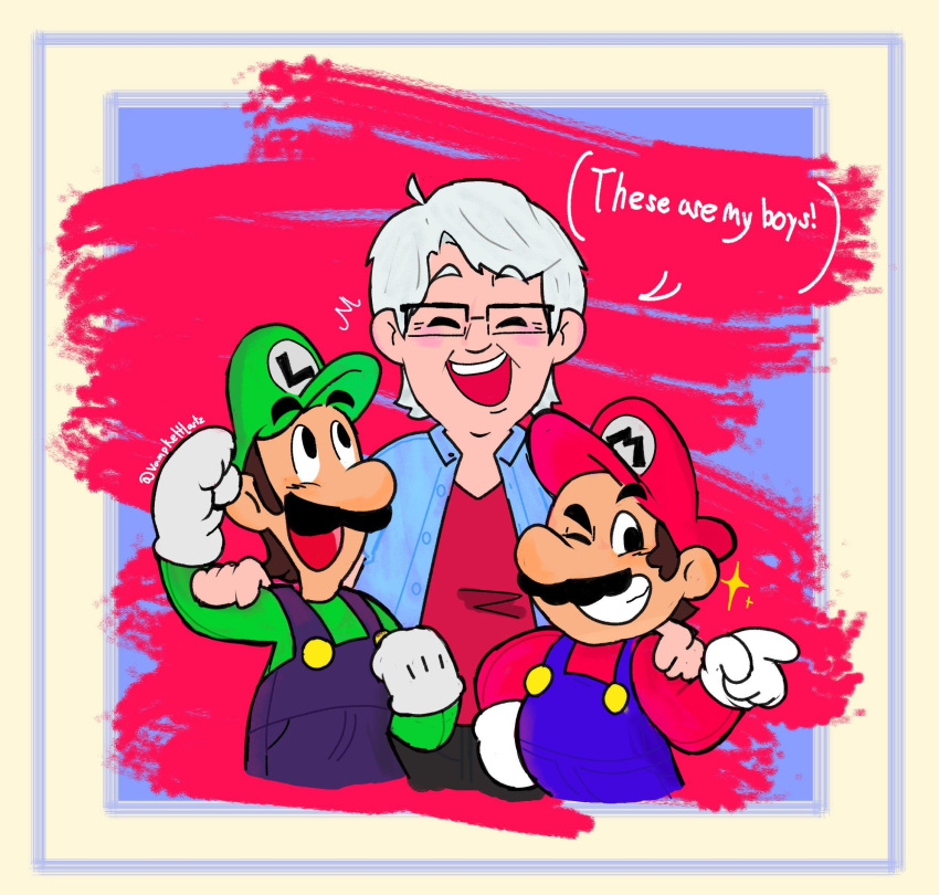 3boys ^_^ blue_overalls blue_shirt brown_hair charles_martinet clenched_hand closed_eyes english_commentary english_text facial_hair glasses gloves green_headwear green_shirt grey_hair hat highres luigi male_focus mario multiple_boys mustache open_mouth overalls pointing real_life red_headwear red_shirt shirt smile sparkle speech_bubble super_mario_bros. the_super_mario_bros._movie twitter_username vampkettle voice_actor white_gloves